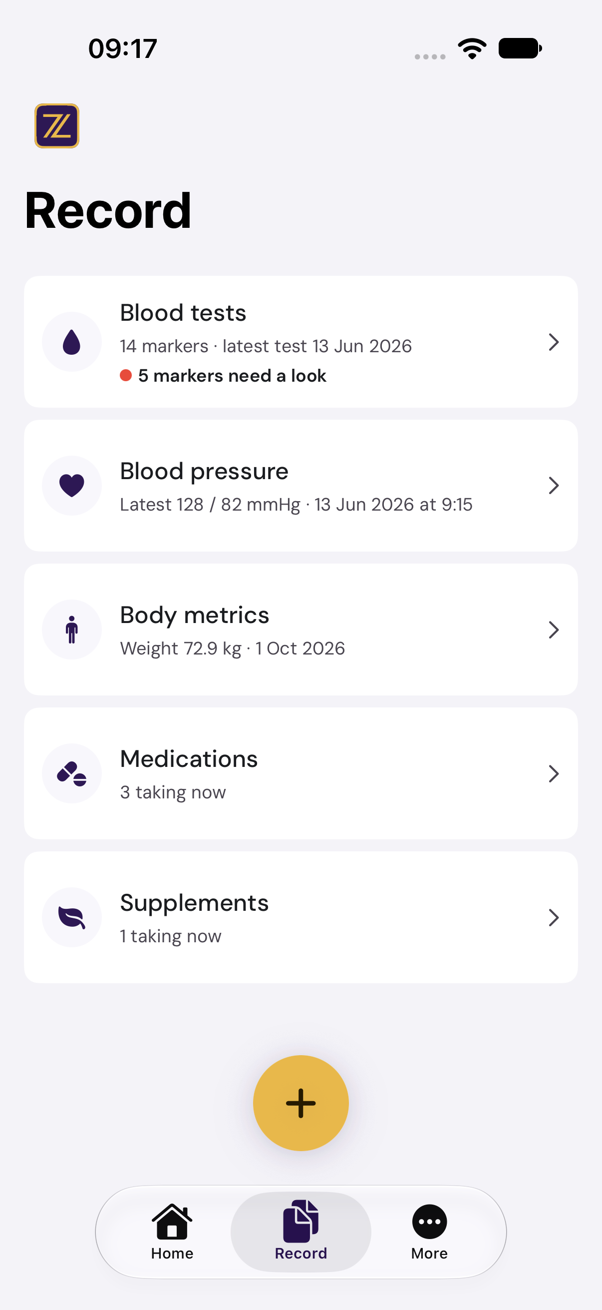 The iPhone app’s Record hub: Blood, Blood pressure, Medications, Supplements and Body, each with its newest value.