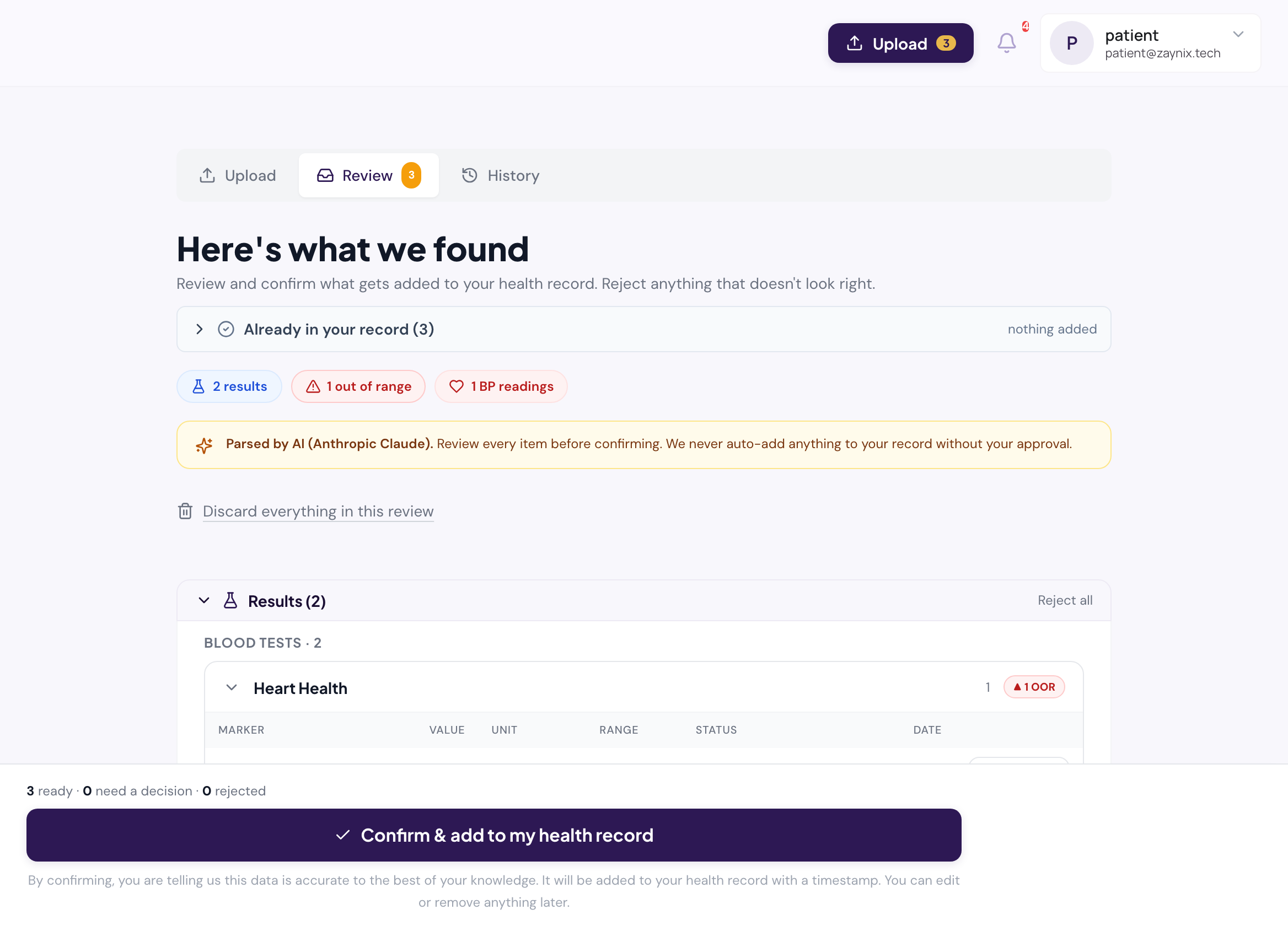 The Import review page: what an uploaded document produced — 2 results, 1 out of range, 1 blood-pressure reading — the notice that it was parsed by AI and nothing is added without approval, what is already in the record, and the confirm button.